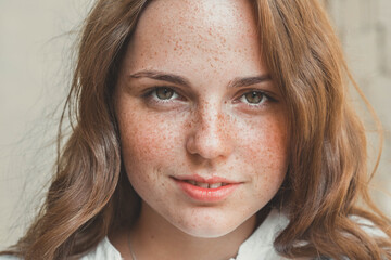 Woman freckles skin beauty natural make up portrait casual happy smile