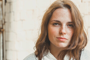 Woman freckles skin beauty natural make up portrait casual happy smile