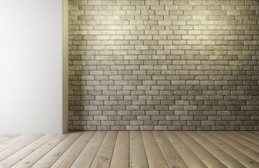 Brick wall with wood floor. Loft-style room design. Empty brick wall for your design placement. 3d rendering.