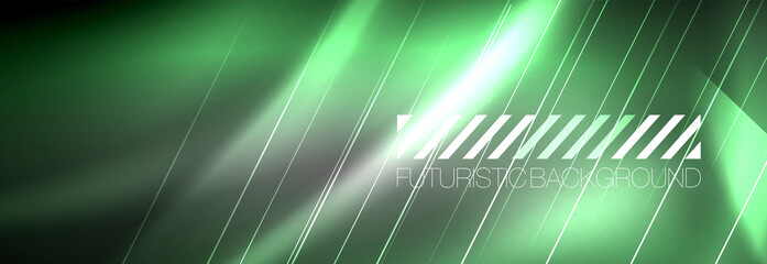 Neon glowing lines, magic energy and light motion background. Vector wallpaper template