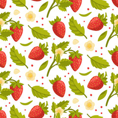 Seamless pattern with fresh strawberries, green leaves and flowers. Healthy and beneficial product. Design for print, packaging, textil. Flat vector illustration isolated on white background.