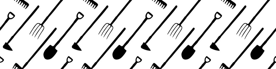 Seamless pattern with garden equipments: shovels, spades, rakes, hoes, pitchforks. Vector backgrounds and textures with tools for working on the farm, in dacha, country site in flat style