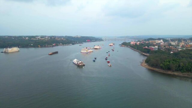 goa mandvi sunset casinos on water river India goa Panaji old goa top view birds-eye view.