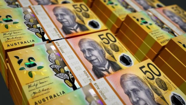 Australian Dollar money pack loop 3d animation. Loopable seamless concept of finance, cash, economy, business and bank. Camera moving over the AUD banknote bundle stacks.