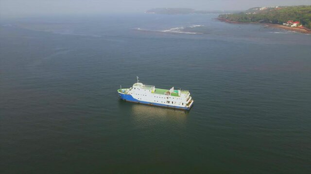 mandvi river ship passenger Cruze India goa drone shot Panaji India old goa orbital shot 360.