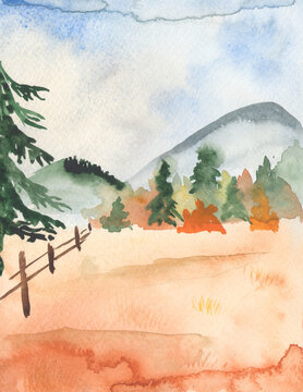 Watercolor autumn landscape with mountains, spruce, autumn forest