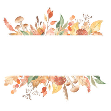 Watercolor banner with autumn leaves, berries, mushrooms, branches, dried flowers
