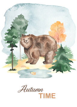 Watercolor card with autumn landscape, autumn forest, bear, pines, fir trees, tree, glade