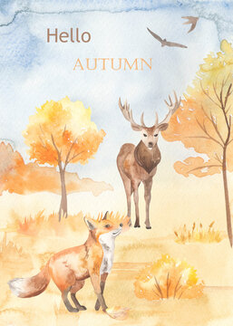 Watercolor card with autumn landscape, autumn forest, deer, fox, trees, bushes