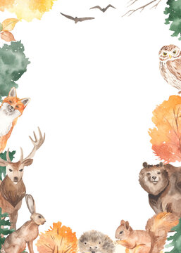 Watercolor frame with autumn trees, bear, fox, owl, hare, deer, hedgehog, fir trees