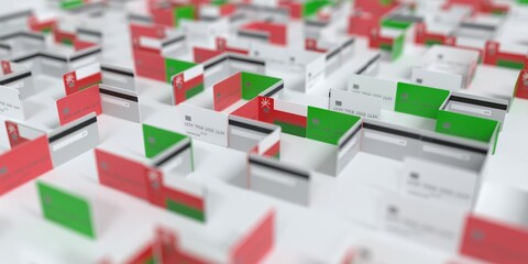 Fictional credit card maze with flag of Oman. Financial difficulties related 3D rendering