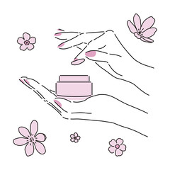Woman hands holding cream bottle with pink flowers on background. Cream applying. Aesthetic line art. Poster, background or icon