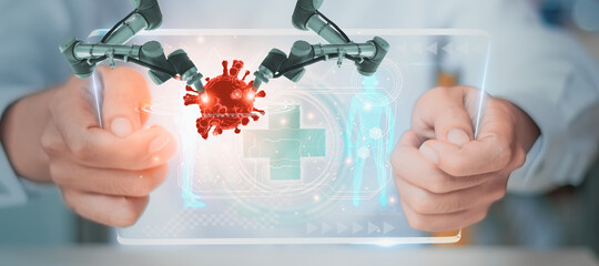 Medicine doctor use smart visual tablet,research analysis coronavirus,covid 19,concept medical biology laboratory,science using robot,artificial intelligence or AI analyze viral DNA,high technology