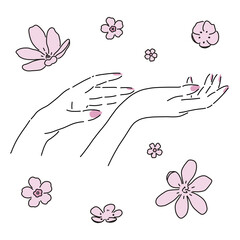 Beautiful woman hands with soft skin and elegant manicure. Pink flowers. Illustration, poster or background.