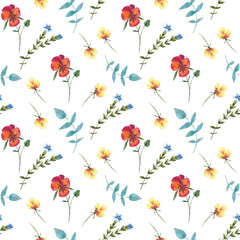 Repeat of watercolor leave and pansies flowers on background. Botanical art. Use for design invitations, birthdays, weddings
