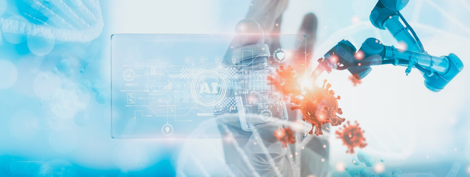 Medicine doctor use smart visual tablet,research analysis coronavirus,covid 19,concept medical biology laboratory,science using robot,artificial intelligence or AI analyze viral DNA,high technology