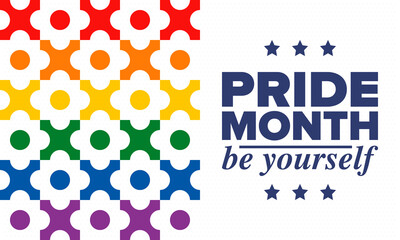 LGBTQIA Pride Month in June. Lesbian Gay Bisexual Transgender. Celebrated annual. LGBT flag. Rainbow love concept. Human rights and tolerance. Poster, card, banner and background. Vector illustration