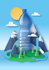 Blank drink water plastic bottle, paper cut mountains, forest trees, vector illustration. Clean water ads template.
