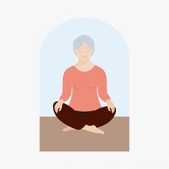 Old woman performs yoga exercises. Meditation, asana, workout at home, healthy lifestyle. Pensioner, cartoon character, flat style. Concept, poster, banner, vector illustration