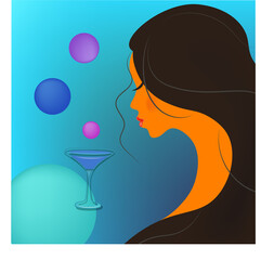 Portrait of a swarthy girl. Charming brunette with a glass of wine. The woman is drinking wine. Abstract gradient background with geometric shapes. Modern vector illustration.