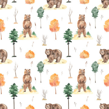 Watercolor seamless pattern with autumn landscape, bear, pines, autumn bushes and dry grass on a white background