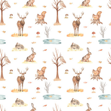 Watercolor seamless pattern with autumn landscape, deer, hare, owl, squirrel, autumn bushes, puddle, autumn leaves on a white background