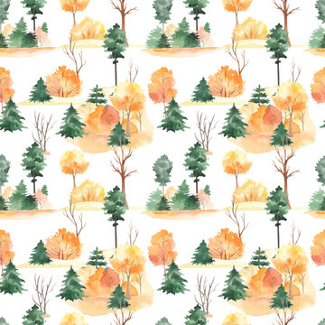 Watercolor seamless pattern with autumn landscape, fir trees, pines, autumn trees and bushes on a white background