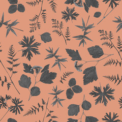 Floral seamless pattern in collage technique. Monochrome pressed dry plants on coral background.