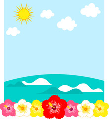 Fototapeta na wymiar ハイビスカスと太陽と海の背景イラスト