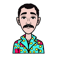 gay man with mustache and nose ring. colorful hawaii shirt. avatar, comic, outline.