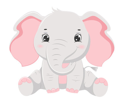 Cute cartoon grey smiling elephant baby. Children illustration