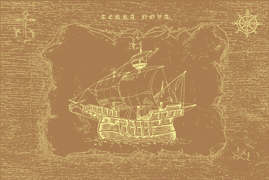 vector image of a vintage caravel in old engraving style