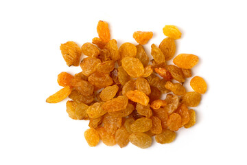 Yellow sweet raisins, dried grapes, isolated on white background. Top view.