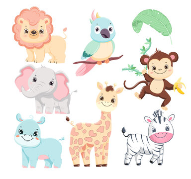 Collection of cute cartoon safari animals baby. Children illustration.Isolated on white background