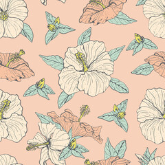Vintage seamless pattern with line art white and pink hibiscus flowers, buds and leaves, with gray outline. On pink background. Stock vector illustration. © akini