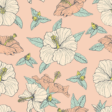 Vintage seamless pattern with line art white and pink hibiscus flowers, buds and leaves, with gray outline. On pink background. Stock vector illustration.