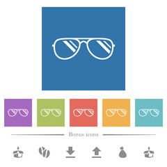 Glasses with glosses flat white icons in square backgrounds