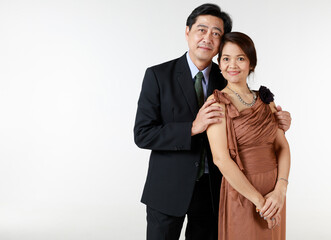 Senior man and woman couple lover taking photos together with pride and happy in long time love. Portrait on white background.