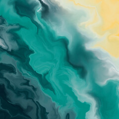 Obraz premium Fluid marbling digital abstract art in green and yellow. Sea or ocean and beach inspired