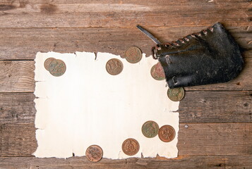 wooden paper background coins