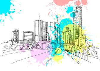 Modern urban landscape. Hand drawn line sketch. Tel Aviv, Ramat Gan, Israel. Vector illustration on colourful blobs background - 433393798