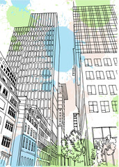 Urban landscape sketch of the old European city. Germany. Frankfurt am Main. Nice old street in hand drawn style on blobs background