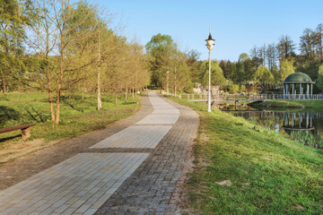 Fragment of the Feofaniya park in Kiev. Nice picturesque lake and well-groomed landscape.