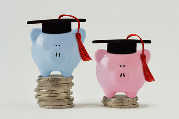 Blue and pink piggy bank with graduation hat on stack of coins - Concept of graduate gender pay gap