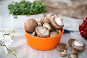 Collection of organic brown champignon mushrooms and shiitake mushrooms in an orange bowl. Background of natural linen fabric in beige , brown recycled paper bag, radish cress and white orchid.
