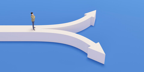 分岐する矢印とビジネスマンの3Dグラフィックス / ビジネスの選択肢・異なる方向性・分岐する未来のコンセプトイメージ