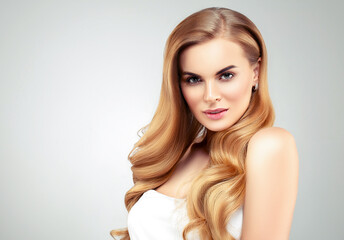 Fototapeta premium Beautiful woman with long healthy blonde hair beauty skin perfect happy smile