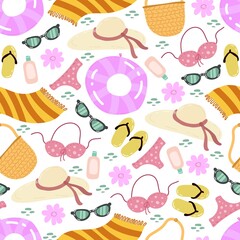 summer seamless pattern with cartoon swimsuit, sunglasses, flip-flops, swimming circle, hat, decor elements. colorful vector, flat style. design for fabric, textile, print, wrapper.