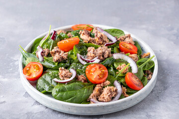 Tuna salad with tomatoes, spinach and onion. Healthy and diet food concept