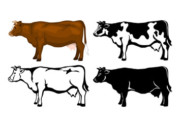 Cow in brown color, silhouette, contour and patched silhouette set